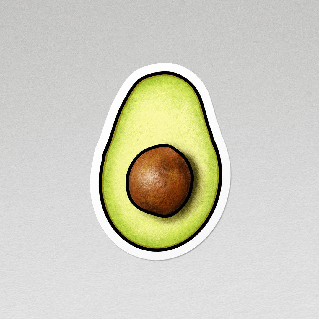 image of a front facing half avocado  vinyl sticker with white border